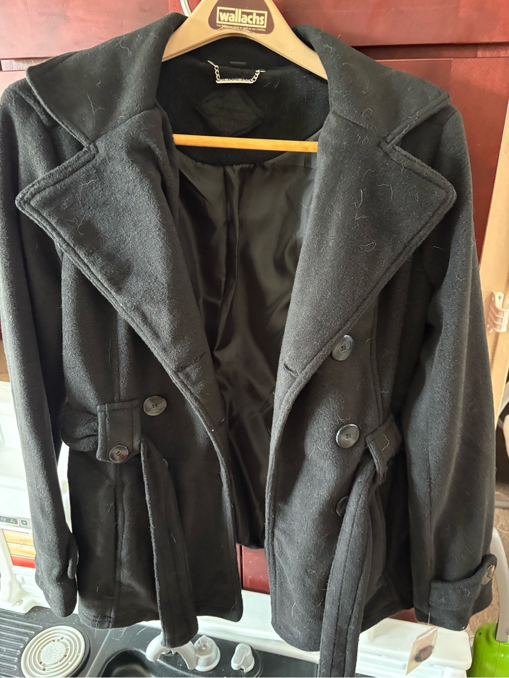 Classic Black Double-Breasted Wool Peacoat- Animal home (will remove furfor you)